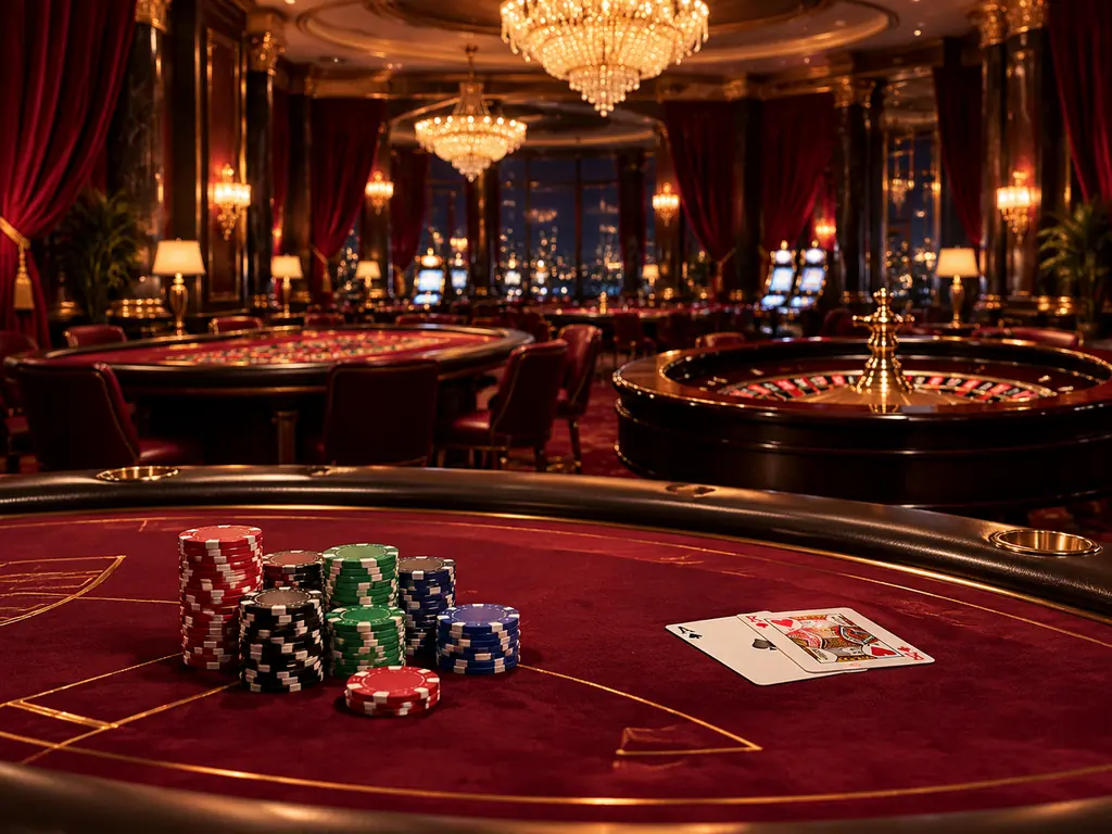 Aula kasino klasik dengan meja blackjack, keping, dan roda roulette