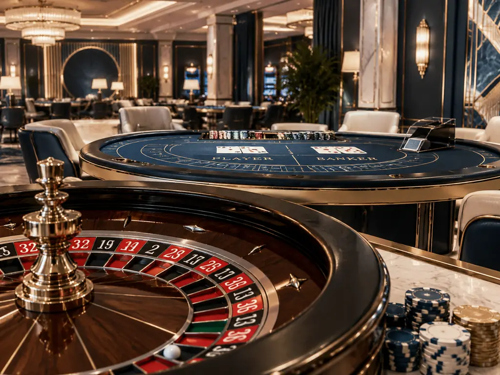 Interior kasino dengan meja roulette dan meja kartu