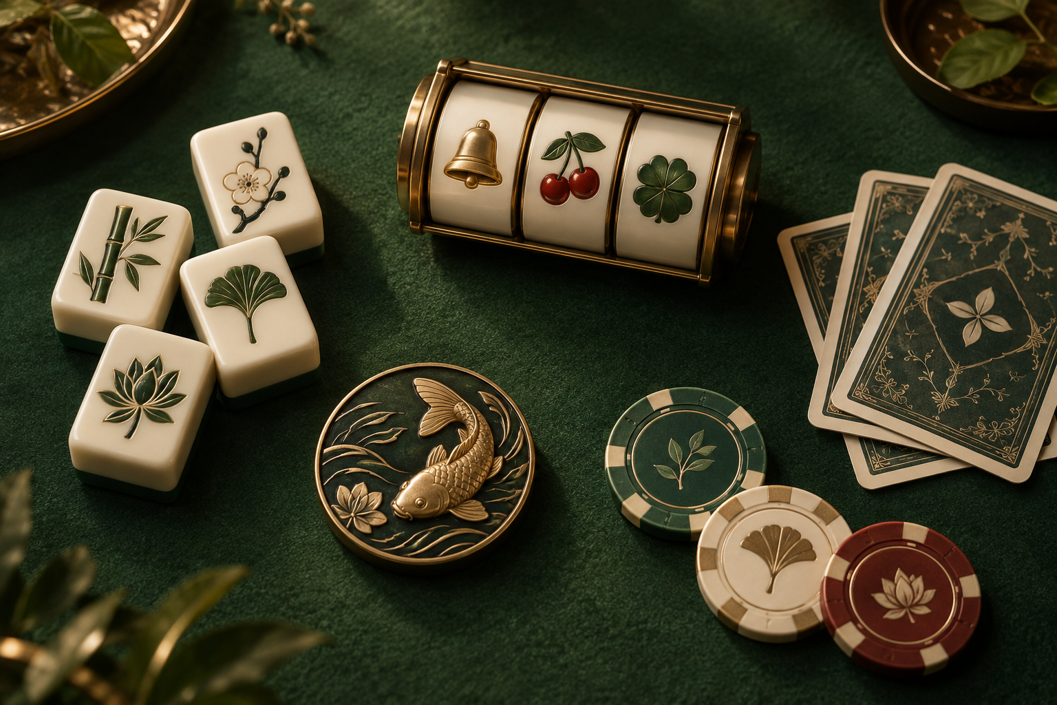 Katalog permainan kasino berupa ubin mahjong, gulungan slot, kartu, dan keping di meja hijau