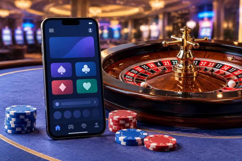 Ponsel di samping meja roulette kasino sebagai ilustrasi akses seluler