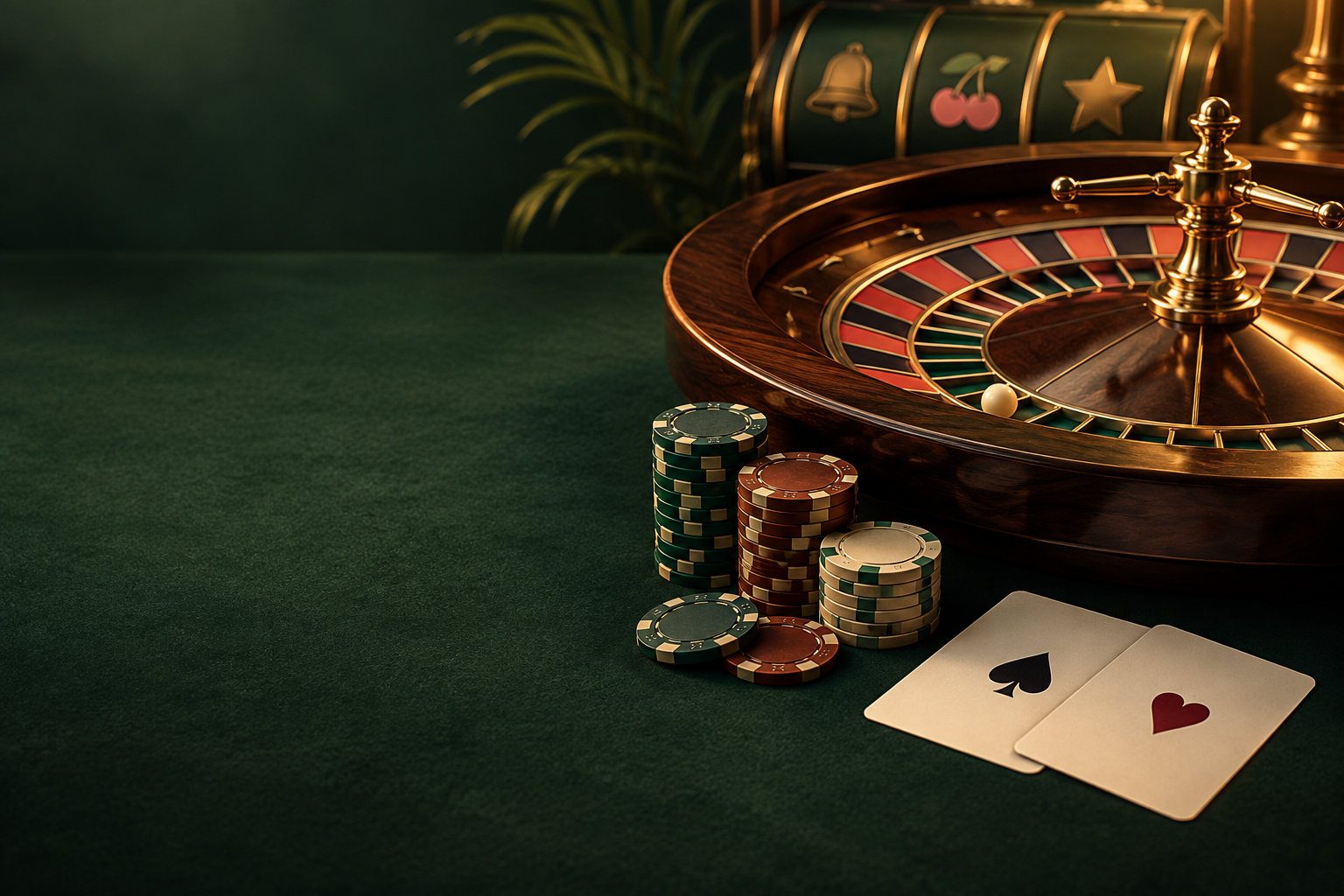 Meja roulette kasino dengan keping, kartu, dan cahaya tembaga