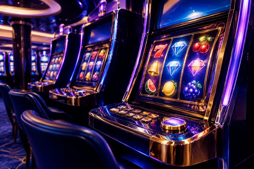 Ruang kasino dengan deretan mesin slot bersimbol permata dan cahaya ungu
